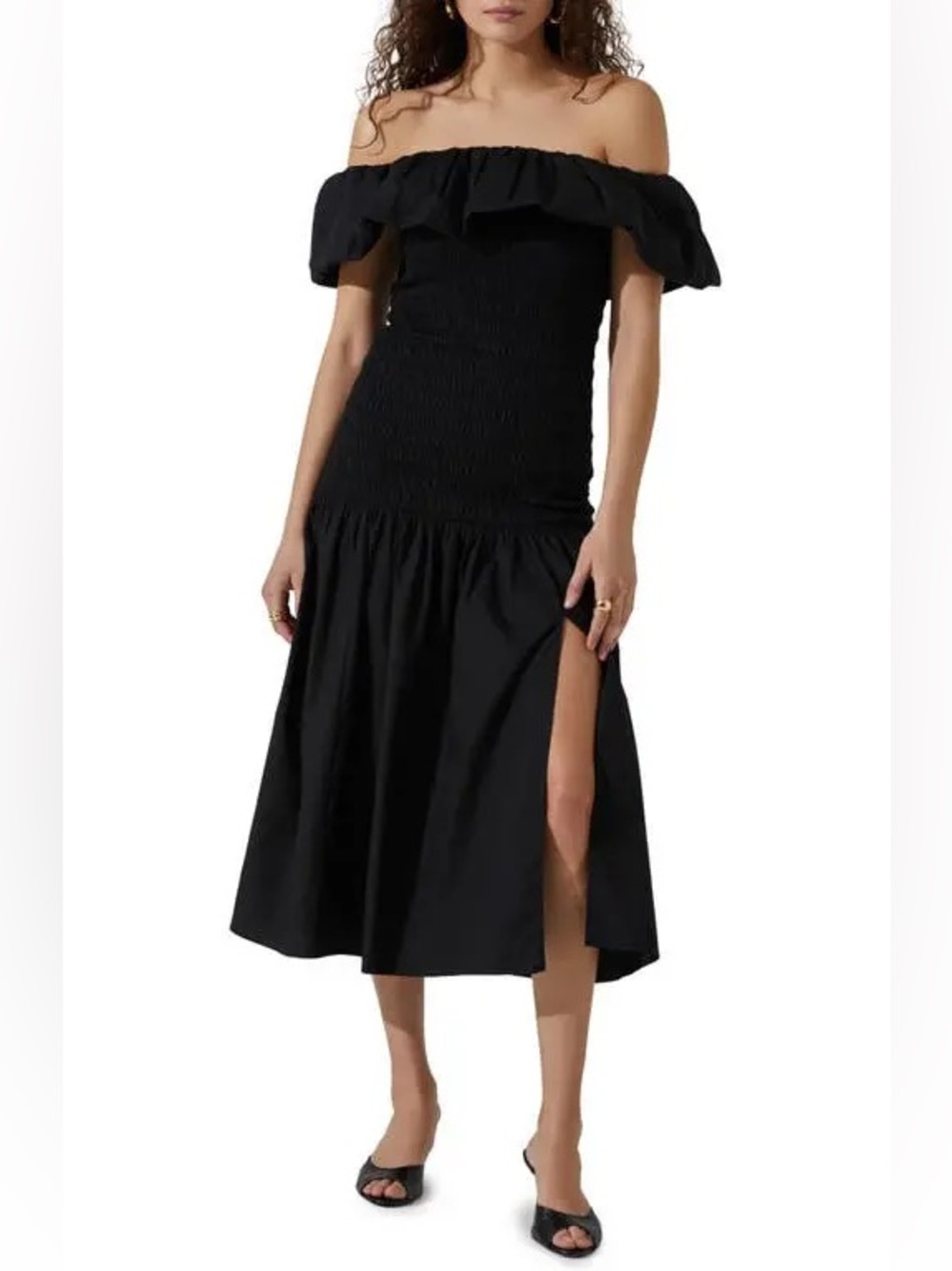 Astr Black One-Shoulder Ruffle Smocked Maxi